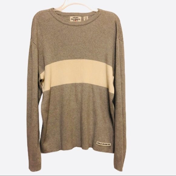 Ralph Lauren Polo Jeans Co Men's Gray Sweater Cream Stripe Pullover Crew Sz M - Picture 9 of 9